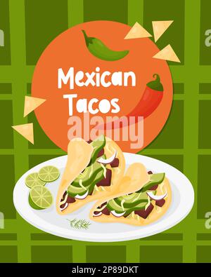 Mexican Tacos. Traditional Mexican dish is beef tacos, wrapped in flour tortillas on plate with lime slices. Vector vertical poster of Latin American Stock Vector