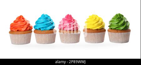 Different delicious colorful cupcakes on white background Stock Photo