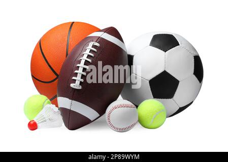 Set of different sport balls and shuttlecock on white background Stock Photo