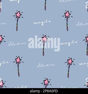 Seamless vector pattern with colored stars of various sizes and magic wand. Childish background for postcards, wallpaper, papers, textiles. Stock Vector