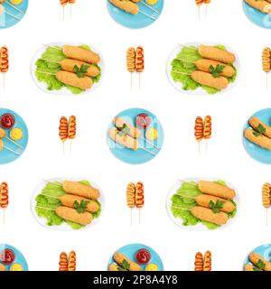 Delicious deep fried corn dogs on white background, collage Stock Photo