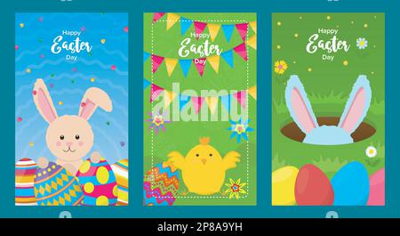set of three banners for easter day with elements of holiday eggs, garland, flowers, green meadows, rabbits and little chick Stock Vector