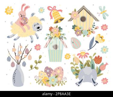 set of vector illustrations of traditional easter items bunny in the grass easter eggs birdhouse Stock Vector