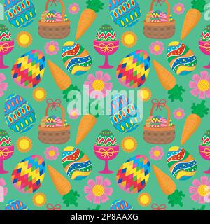 pattern image for happy easter holiday with elements of eggs, flowers, carrot, eggcup and basket with eggs Stock Vector