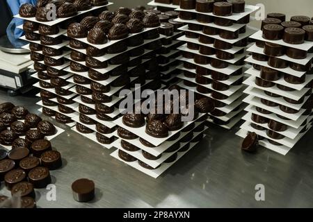 Various luxury pralines made of dark and milk organic chocolate Stock Photo