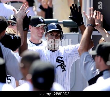 Chicago White Sox's Jermaine Dye celebrates after hitting a solo