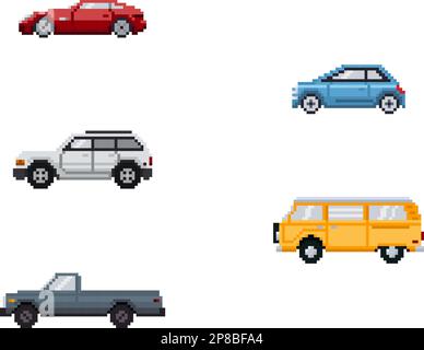 Set of different pixel art cars. Vector illustration Stock Vector