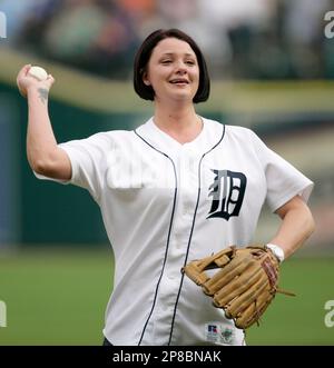 Jessica Fidrych throws out a ceremonial first pitch in honor of