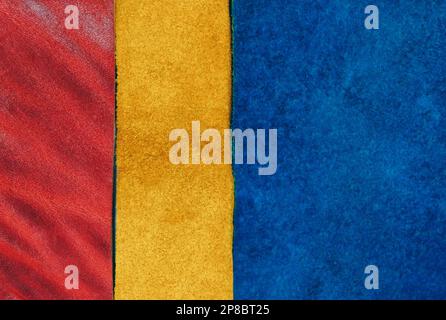 Assorted pieces of skin. Rawhide. Blue, yellow and red leather pieces. Pieces of colored leather Stock Photo