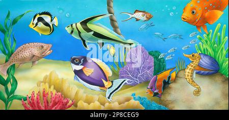 Animals- Variety of fish & seahorse on sea bottom Stock Photo