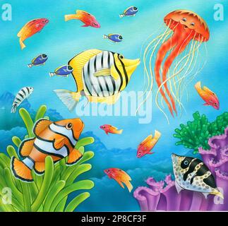 Animals-Fish coral & jellyfish chatacter Stock Photo