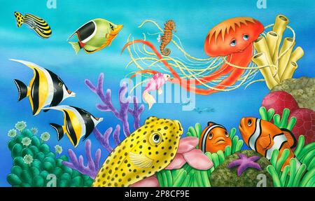 Animals-jellyfish coral  & variety of fish Stock Photo