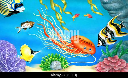 Animals-ocean fish  jellyfish coral Stock Photo