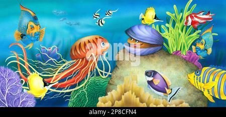 Animals-Ocean fish mussel & jellyfish underwater Stock Photo