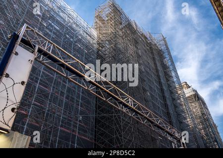 Photo of the scaffolding on Notre Dame Cathedral following the 2019 fire. Stock Photo