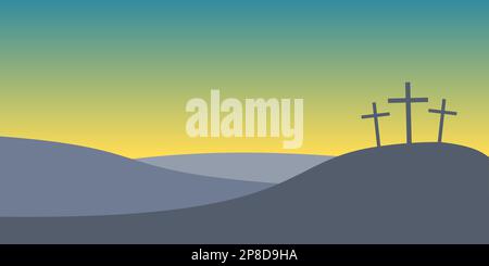 Three crosses on Golgotha Mountain.  Easter concept vector  illustration with crosses on Calvary Hill at sunset. Stock Vector