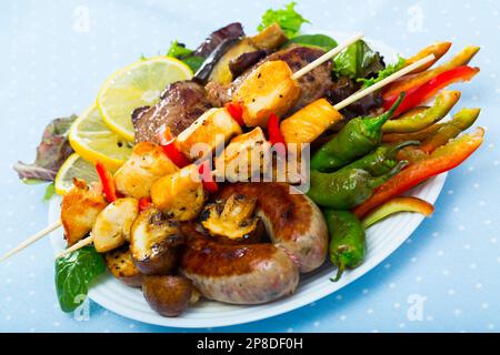 Meshana Scar, dish of bulgarian cuisine with assortiment meat and vegetables Stock Photo