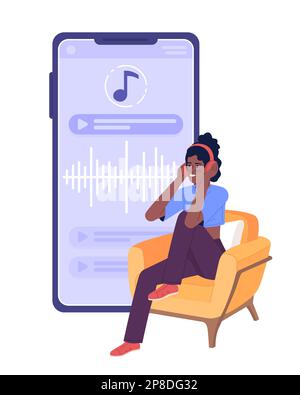 Young woman listening to podcast for self esteem flat concept vector spot illustration Stock Vector