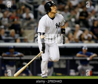 Hideki Matsui watches his fourth inning single to centerfield in the Yankees  14-2 loss to the Texas Rangers in their baseball game at Yankee Stadium in  New York, Thursday,May 10, 2007. (AP