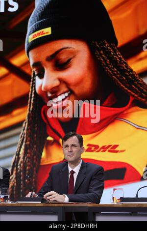 Troisdorf, Deutschland. 09th Mar, 2023. Tobias Meyer, successor to CEO Frank Appel, sits on the podium at the Deutsche Post DHL Annual Press Conference in Troisdorf near Bonn on 09.03.2023. Credit: Juergen Schwarz/Alamy Live News Stock Photo