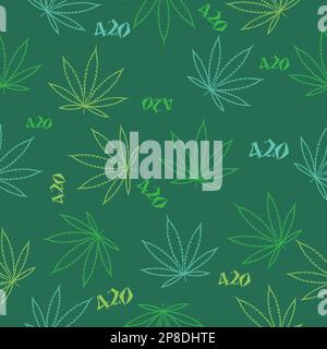 420 cannabis marijuana seamless repeating pattern with cannabis leaf icon and 420 typography in green, yellow and blue colors. random scattered  icons Stock Vector