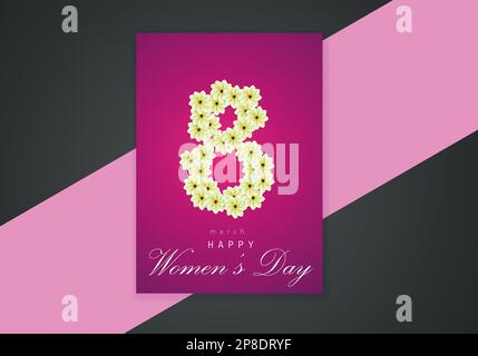 Happy womens day greeting card, 8 march. Stylish handwritten text sign on spring flowers in 8 shape on pink paper flat lay. International womens day Stock Vector