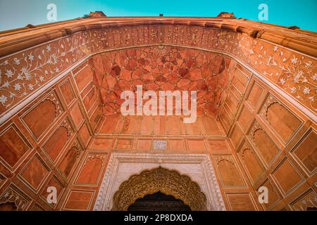 The front facade consists of a high pishtaq in the center with five arches on both sides lined up on the common roof of the prayer hall. The main arch Stock Photo