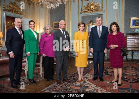 King Carl XVI Gustaf, Queen Silvia and Crown Princess Victoria receive Margareta, Custodian of the Crown of Romania, and husband Prince Radu for lunch Stock Photo