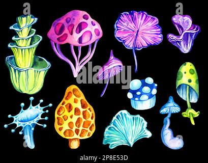 watercolor set of fantastic cosmic mushrooms on dark background, hand draw illustration, neon color Stock Photo