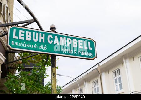 Street sign of Lebuh Campbell (Campbell Street) in George Town, Penang, Malaysia with surrounding building as background. Stock Photo