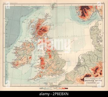 Bathy-Orographical Map of The British Isles and Surrounding Seas 1898 old Stock Photo