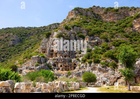 View of the ancient Lycian rock tombs in the city of Myra Stock Photo