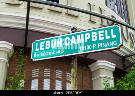 Street sign of Lebuh Campbell (Campbell Street) in George Town, Penang, Malaysia with surrounding building as background. Stock Photo