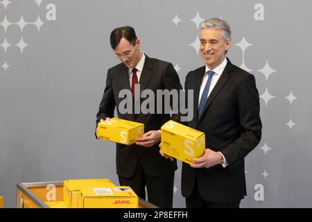 Troisdorf, Deutschland. 09th Mar, 2023. Tobias Meyer (L) and CEO Frank Appel stand next to each other at the Deutsche Post DHL Annual Press Conference in Troisdorf near Bonn on 09.03.2023. Credit: Juergen Schwarz/Alamy Live News Stock Photo