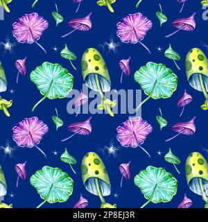 seamless pattern with fantastic cosmic mushrooms on blue background, watercolor hand draw illustration. Neon color, purple, pink, blue Stock Photo