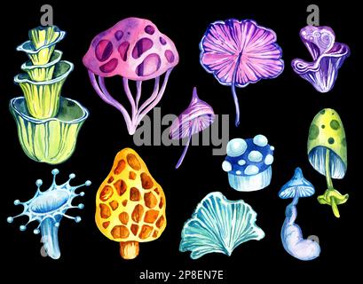 Set of fantastic cosmic mushrooms and stas on black background, watercolor hand draw illustration, neon color Stock Photo