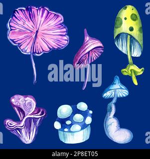 Set of fantastic cosmic mushrooms and stas on blue background, watercolor hand draw illustration, neon color Stock Photo