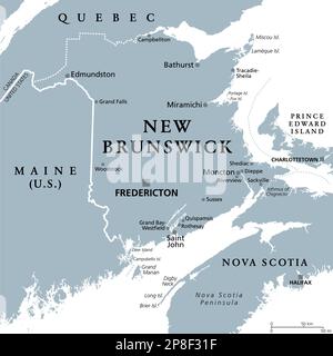 New Brunswick, Maritime and Atlantic province of Canada, gray political map. Bordering to Quebec, Nova Scotia, Maine and the Gulf of St Lawrence. Stock Photo