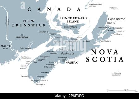 Nova Scotia, Maritime and Atlantic province of Canada, gray political map. Cape Breton Island and Nova Scotia Peninsula, with capital Halifax. Stock Photo