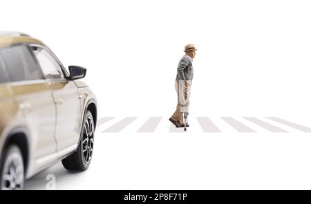Car waiting for an elderly man with crutches to cross on a pedestrian zebra isolated on white background Stock Photo