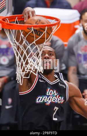 Los Angeles Clippers forward Kawhi Leonard dunks against the Toronto Raptors during an NBA basketball game at Crypto.com Arena in Los Angeles Tuesday, March 8, 2023. Stock Photo