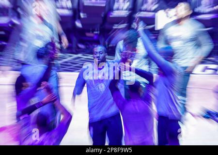 Los Angeles Clippers forward Kawhi Leonard (C) is introduced prior to an NBA basketball game against the Toronto Raptors at Crypto.com Arena in Los Angeles Tuesday, March 8, 2023. Stock Photo