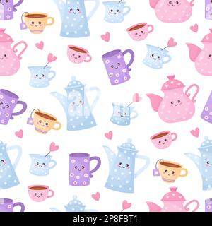Seamless pattern with cute characters cups and teapots on white background. Vector illustration. Endless background with funny tableware Stock Vector
