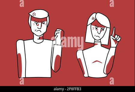 Angry man and woman characters, red and white, choleric mood, anger emotion, threaten with fist. Half body sketch style line drawing. Stock Vector