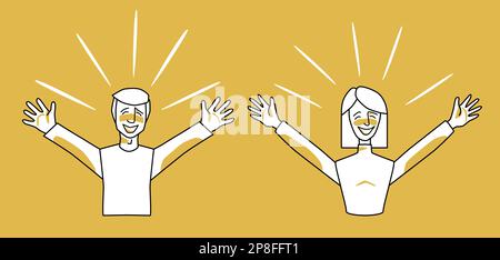 Happy man and woman, emotion of happiness, orange and white. Pleasure and satisfaction of husband and wife, open their arms. Half body sketch style li Stock Vector