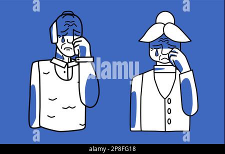 Sad elderly man and woman, blue and white, pensioners in sorrow with tears. Melancholy of grandfather and grandmother. Line art, half body hand drawn Stock Vector
