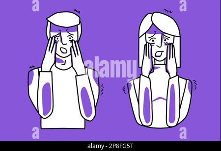 Frightened man and woman, purple and white, emotion of fear, cover their face with their hands. Half body sketch style line drawing. Stock Vector