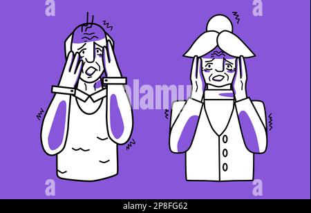 Afraid grandmother and grandfather, purple and white, emotion of fear, cover their face with their hands. Half body sketch style line drawing. Stock Vector