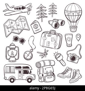 Explore and travel doodle collection. Wanderlust and outdoor activities concept. Cute collection of doodle isolated on white background. Vector illust Stock Photo