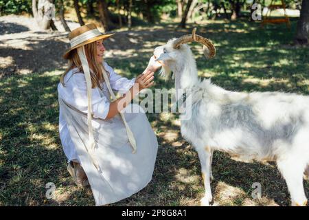 Young pretty woman in a white dress and a straw hat is feeding a goat. Blonde girl takes care of the animal. Farm trip. Green trees and grass in the b Stock Photo